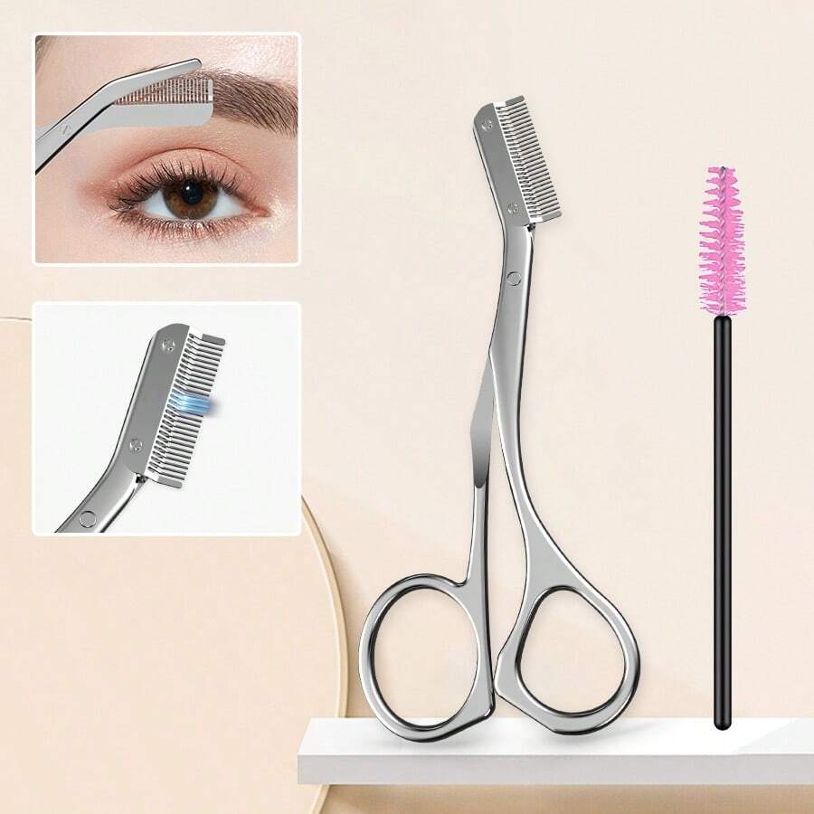 2 Peças Ferramentas mais adequadas para iniciantes no corte de sobrancelhas, Tesoura de cortar sobrancelhas de aço inoxidável com pente, escova de limpeza, pente profissional de sobrancelhas, lâminas afiadas de alta dureza, design ergonômico, para aparar sobrancelhas, cuidados diários para homens e mulheres, maquiagem, barato, decoração de quarto, penteadeira, viagem, acessórios de maquiagem, brindes, viagem, coisas baratas, itens essenciais de viagem - Prata - Visão 1