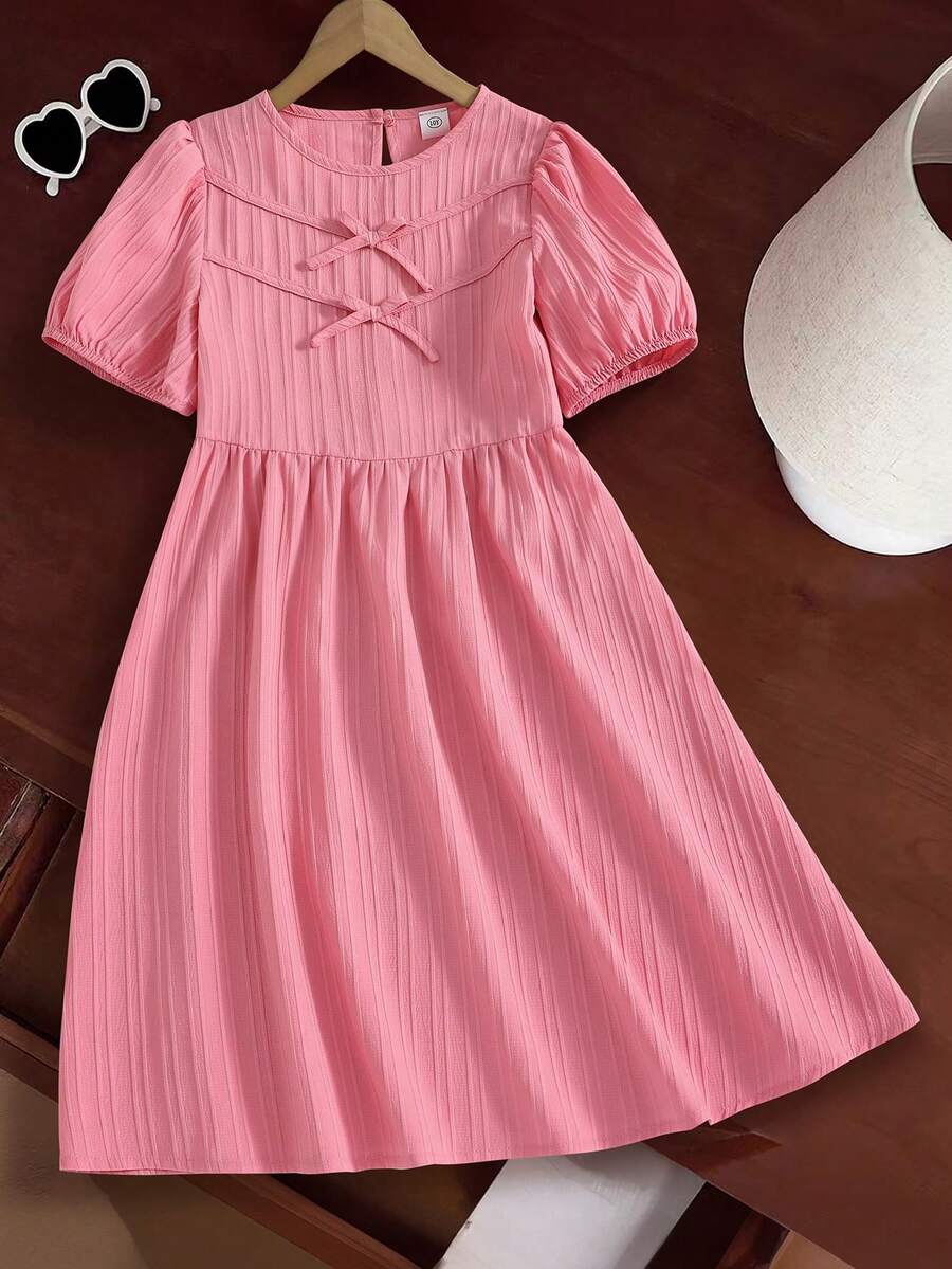Left Mama Vestido de manga corta con lazo de unicolor elegante y dulce para niñas preadolescentes - Rosa - Ver 1
