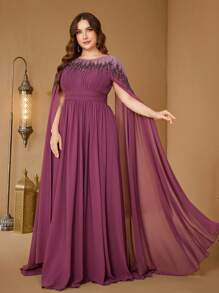 SUPGIR Plus Women's Stand Collar Cape Sleeve Sequin Patchwork Slim-Fitting Chiffon Temperament Evening Dress - Red Violet - View 3