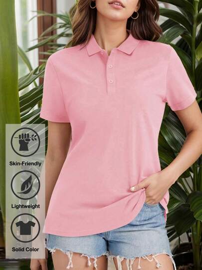 Ladies' Solid-Color Short-Sleeved Daily Fitness And Outdoor POLO Shirt,Casual Work Short Sleeve Collared Golf Shirt, Outdoor POLO Shirts And T-Shirts
