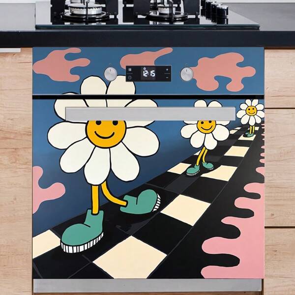 1pc Creative Daisy Footprints Gingham Wall Sticker, The Main Design Features Anthropomorphic Daisy Flowers With Smiling Faces, Limbs And Shoes Walking On A Black And White Checkered Path, With A Blue And Pink Color Scheme And Cloud-Shaped Patterns As Accents. The Vibrant And Playful Style Is Full Of Creativity. Suitable For Decorating Kitchens, Living Rooms, Bedrooms, Studios And Other Spaces To Add An Artistic And Lively Atmosphere. Wallpaper Wall Paper Wall Stickers Room Decor Wall Decor Kitchen Accessories Kitchen Items Kitchen Decor