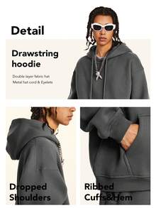 Heavyweight Fleece Hoodie For Men, Oversized Pullover Sweatshirt With Pocket, Cozy Warm Drop Shoulder Long Sleeve Casual Streetwear - 藏蓝色 - 查看 6