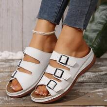 Plus Size Women's Simple 3-Buckle Sandals, Casual Slip-On Wedge Sandals, Versatile And Suitable For Commuting And Walking