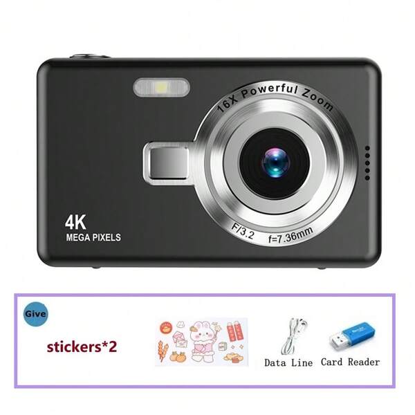 Cross-Border Ccd High-Definition 4K Pixel Digital Camera, Student Beginner Mini Compact Camera, Home Shooting Camera Gift Card Reader(Black)