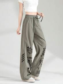 JUTU 春夏秋季条纹侧抽绳腰宽松休闲裤，水泥灰黑条纹，品牌，百搭 - 0A90水泥灰拼黑-YH1101左下黑+右下黑 - 查看 2