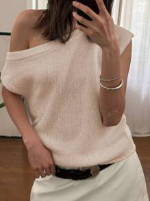 Women's New Oblique Shoulder Regular Casual Comfortable Daily Personalized Sweater, Short Sleeve Loose Oversized Knitted T-Shirts, One Tops For Going Out, Spring Summer Fall