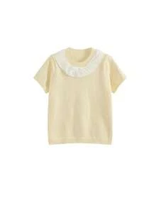 Cream Color Lace Embroidery Bow Knit Short Sleeve Top For Women, Spring/Summer - Yellow - View 2