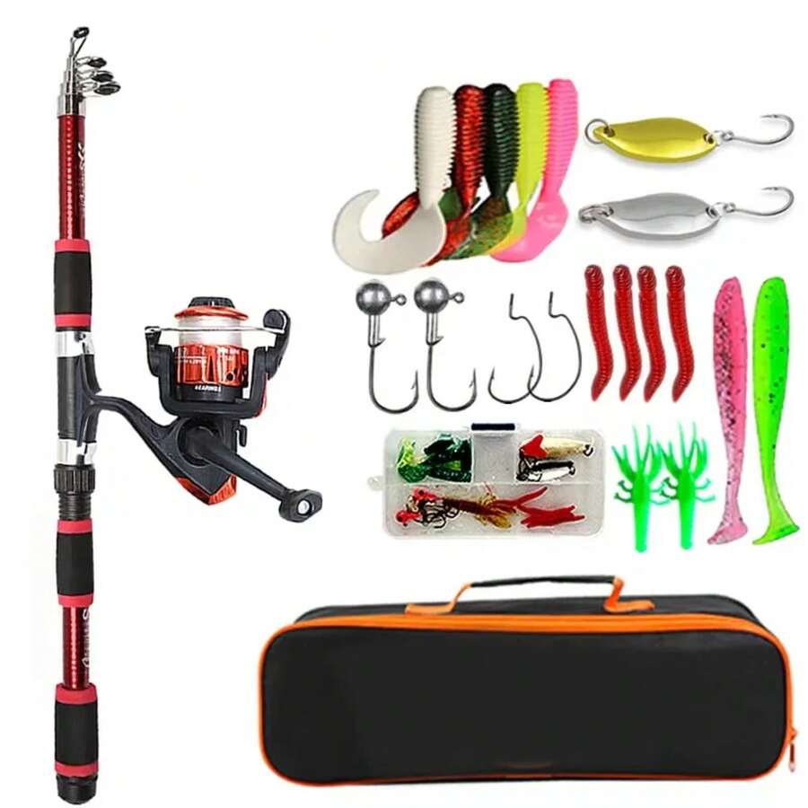 Fishing Pole Set Full Kits With Telescopic Fishing Rod And Spinning Reel Baits Hooks Travel Pole Set - 紅色 - 查看 1