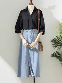 Top-End Leisure, Elegant And Commuting Style V-Neck Shirt With A Simple Back Button Design, Suitable For Spring And Summer. - Black - View 3