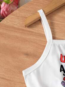 Set 2 piese Fetițe Ziua Independenței Maiou cu imprimeu grafic și pantaloni evazați cu fundă, cu bentiță