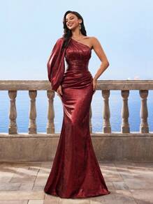 Vestito da cerimonia rosso vino per donna, con spalla scoperta, vita arricciata, modesto, avvolgente, adatto per madre della sposa per occasioni serali