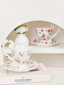 1 Set Creative Floral Hand-Painted Ceramic Coffee Cup & Saucer, Household Use - Multicolor - View 5