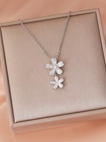 1pc Fashionable Elegant Circular Zirconia Five-Petal Flower Tassel Necklace, Gift For Women, Wedding Present