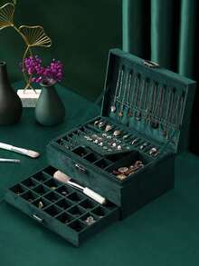 New Luxury Jewelry Storage Box, Elegant Dark Green Color, High-End Delicate Design For Necklaces, Earrings, Bracelets, Large Capacity Multi-Layer Storage Valentine's Day Sun Travel Cool Back To School Dormitory Storage - Multicolor - View 2