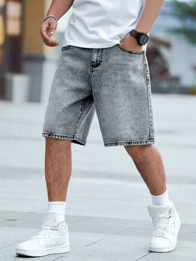 Grå Slim Fit jeansshorts med raka ben, Casual europeisk och amerikansk tonåringsstil