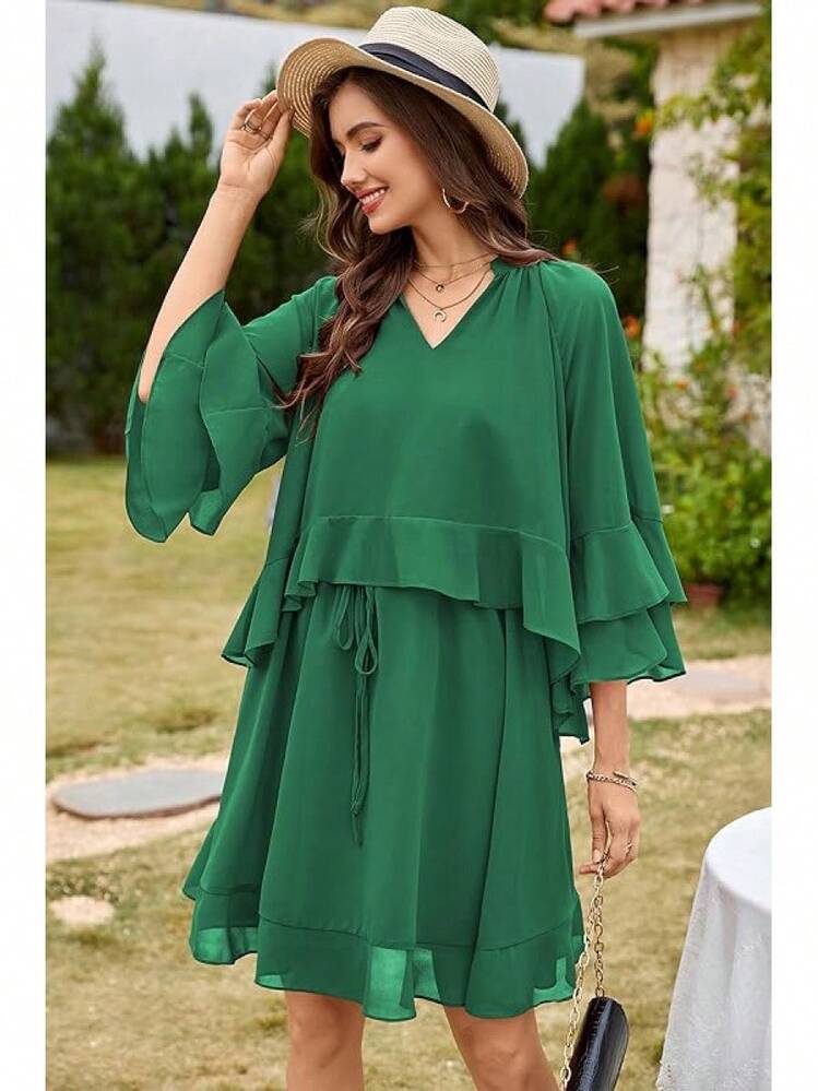 green dress with bell sleeves Women 3/4 Sleeve Dress: 2025 Summer Drawstring Waist Casual Flowy Ruffle Midi Chiffon Pockets Above $200