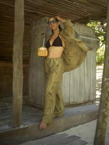 HZXVIC 女士新款秋季扎染休闲度假翻领衬衫配抽绳腰带高腰裤套装 春季 - 橄欖綠 - 查看 8