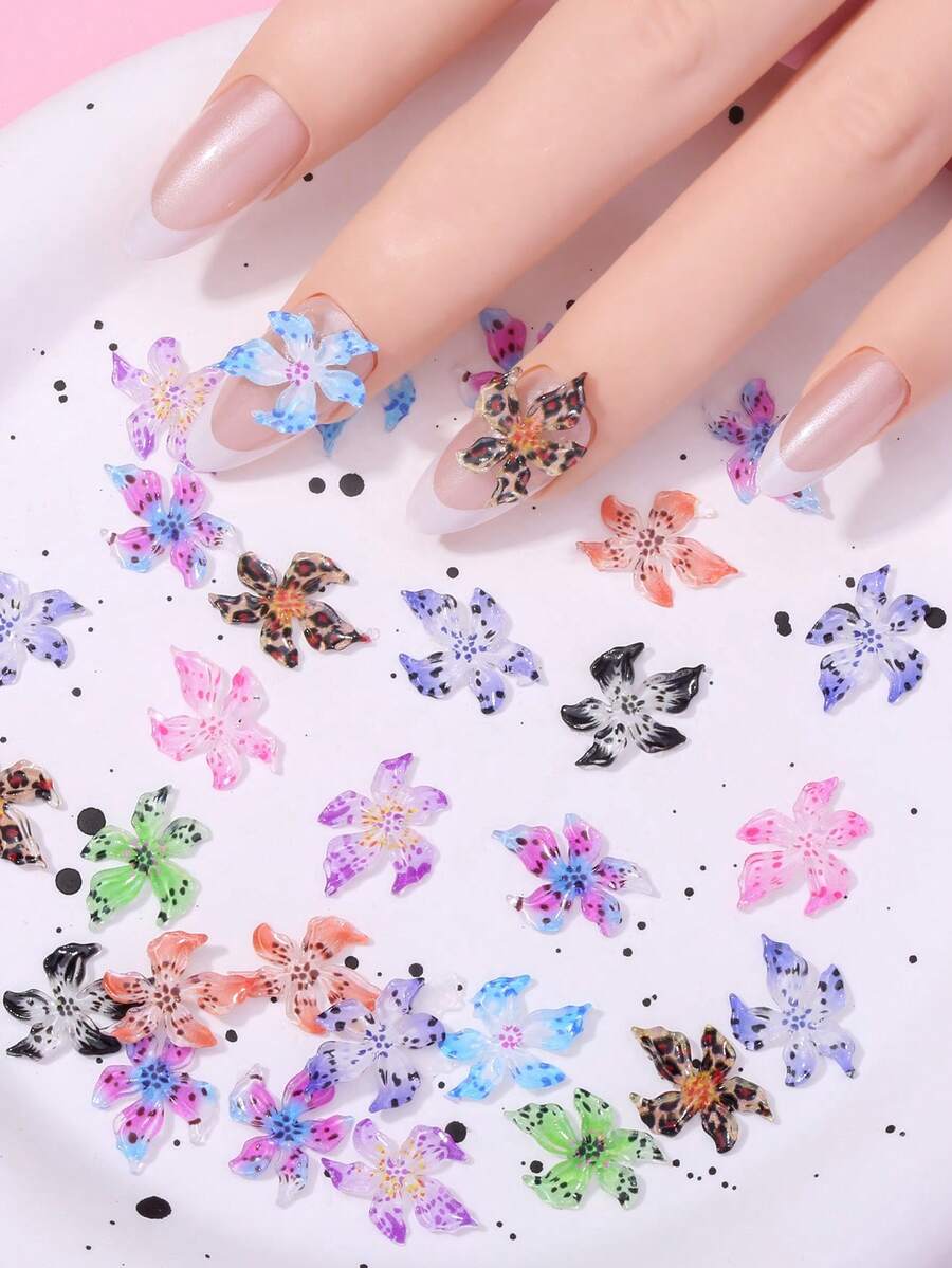 50 件混色树脂芙蓉花、水钻、指甲宝石、3D 花卉指甲贴花、女士美甲装饰 - 彩色 - 查看 1