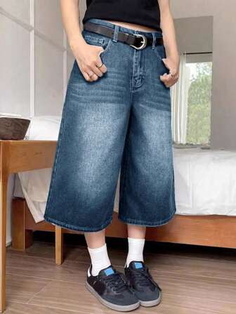 Y2K 街头复古水洗猫须口袋风格阔腿百慕大牛仔裤牛仔休闲短裤七分裤