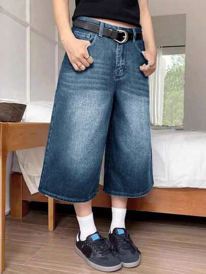 Y2K 复古水洗猫须口袋阔腿百慕大牛仔短裤，休闲七分裤