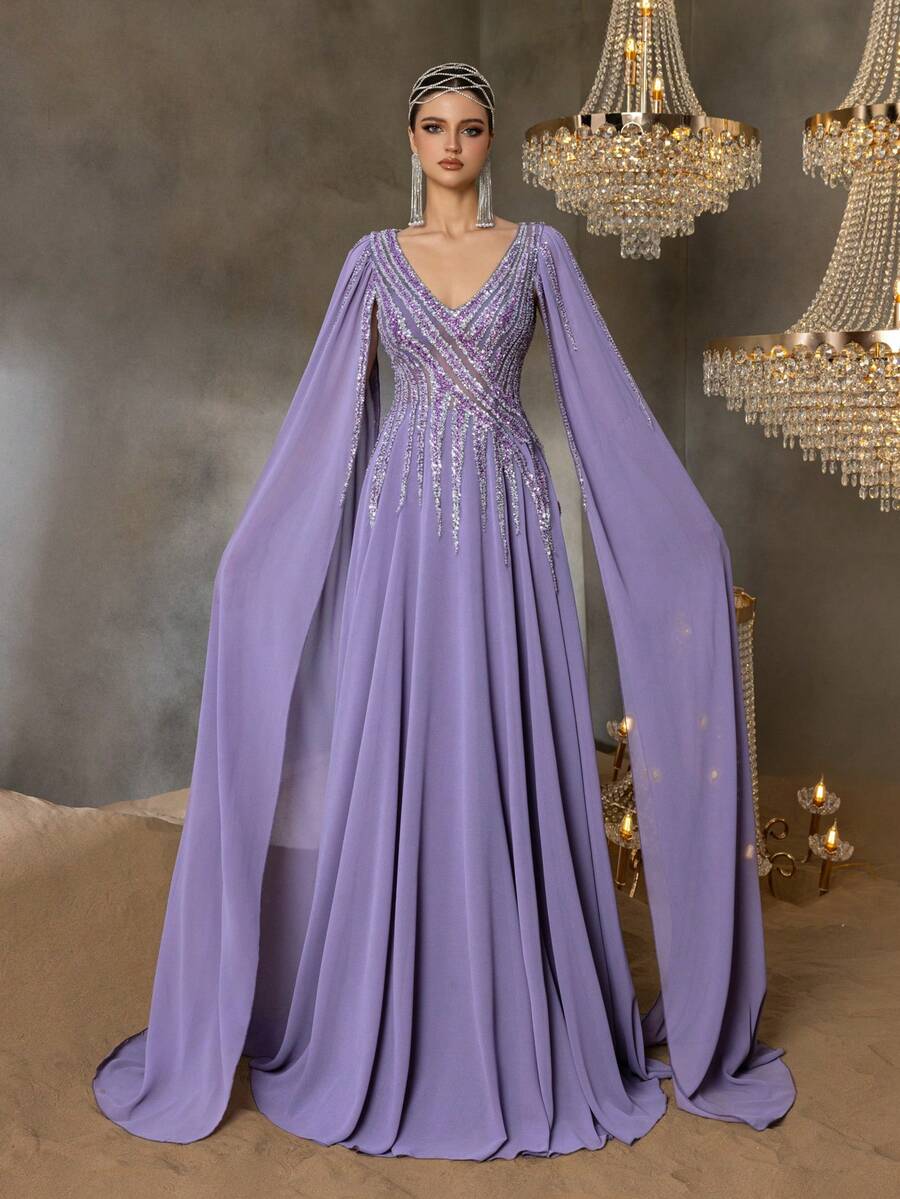 Faeriesty Haute Glamour Gorgeous Elegant Chiffon Gown With Crystal Beading V-Neckline & Dramatic A-Line Skirt | Luxury Evening Dress For Black Tie Events And Weddings - Màu tím - Xem 1