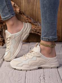1 Pair Teens' Half-Heel Chunky Sneakers, Breathable Mesh Upper, Non-Slip Sole, Lace-Up Contrasting Color Design, Stylish & Versatile Casual Sneaker