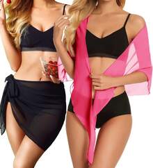 CHICGAL 2 Pieces Women Beach Sarong Bathing Suit Wrap Skirt Sheer Bikini Swimsuit Cover Ups Swimwear - 淺粉紅色和黑色 - 查看 3