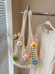 Hollow Floral Knit Bag, Oversized Casual Vacation Tote Bag, Large Capacity Woven Women's Commuter Beach Bag, Fashion Shoulder Shopping Handbag
