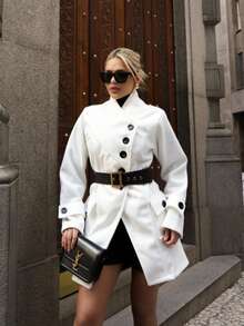 MallFashion Women's Wool Coat With High Collar And Buttons Fall/Winter Fashion 2025 - White - View 3