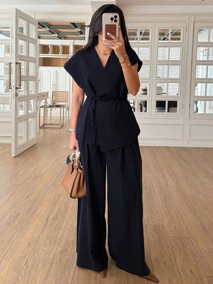 Women's Two Pieces Set V Neck Top With Belt Pleats Wide Leg Pants Trousers Elegant Female Sets Summer Women's Suit Chic Ladies - Black - View 1