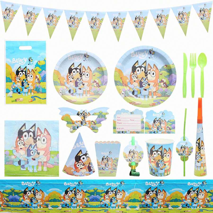 Disposable Meal Plate Sets With Dog Bruy Themed Birthday Party Decorations, Triangular Flags, Atmosphere Banners (5 Sets For Each Style)(Set Of 10 7-Inch Paper Trays, Set Of 10 9-Inch Paper Trays, Set Of 10 Paper Cups, Set Of 6 Popcorn Boxes, Set Of 6 Dragon Blowers, Set Of 6 Speakers, Set Of 10 Masks, Set Of 10 Triangular Flags, Set Of 10 Straws, Set Of 10 Invitation Cards, Set Of 20 Tissues, Set Of 6 Paper Caps, Set Of 1 Tablecloth) - 彩色 - 查看 1