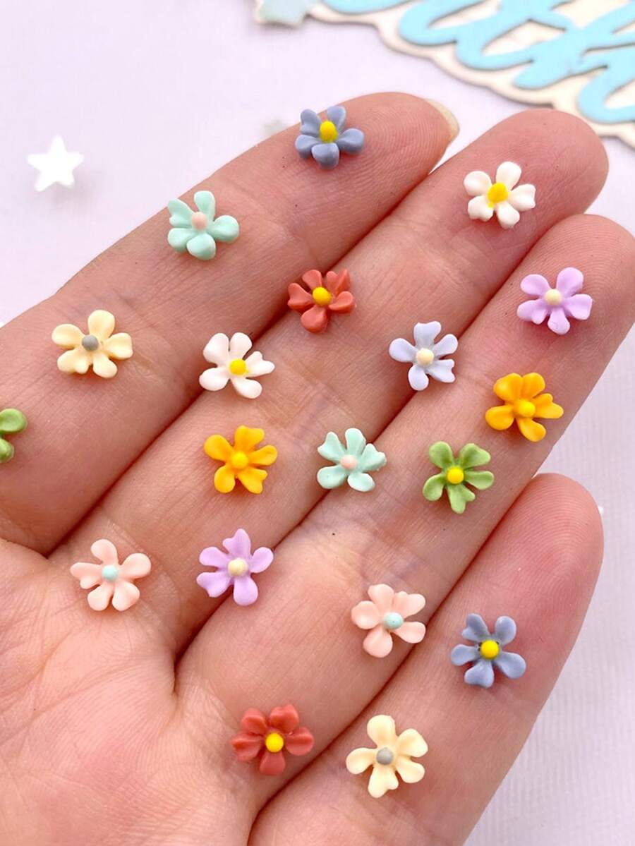 100 miếng dán 3D hoa mini nhiều màu bằng nhựa hỗn hợp, mặt sau phẳng 7mm, thủ công dùng để làm sổ lưu niệm DIY, trang trí ốp lưng điện thoại, hoa tai thời trang, đồ thủ công