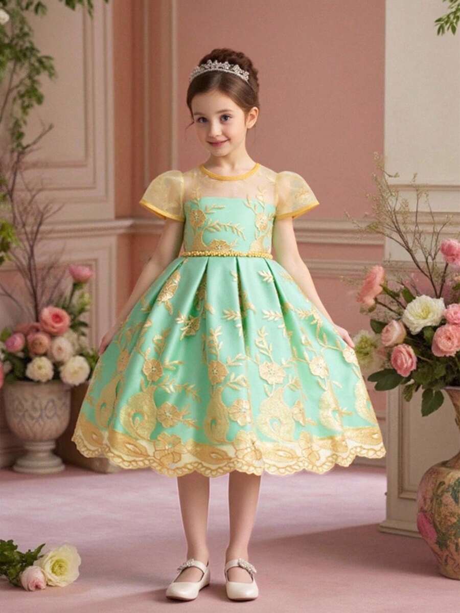 女童刺繡網紗優雅花童公主禮服,適合派對,布料花卉圖案隨機剪裁,不含髮箍 - 薄荷綠 - 查看 1
