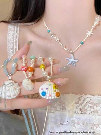 1 Stück Muschel, Seestern, Blumen Perlen Anhänger Kette, mehrfarbiges gewebtes Muschelgehäuse & Künstliche Perle, Naturstein, Damen Sommer Strand Resort