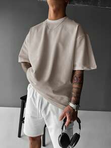 Men's Solid Color Round Neck Casual Short Sleeve T-Shirt For Commuting, Summer - 卡其色 - 查看 3