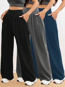 3Pcs Women Loose Fit Casual Wide Leg Pants, Thin Fabric High Waist With Pockets, Suitable For Indoor/Outdoor Fitness, Running, Autumn/Winter Tights - Multicolor - View 2