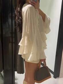 Elegancka bluzka damska z długim rękawem, okrągły dekolt, modny top, jednolity kolor, tkanina poliestrowa - Morela - Zobacz 5