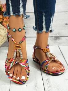 Lightweight Bohemian Flat Sandals, Casual Versatile Rainbow Roman Sandals For Teens, Summer