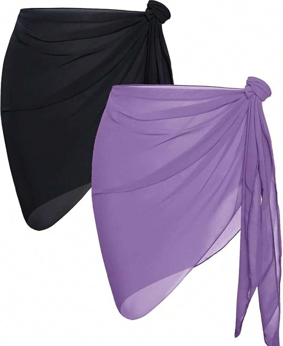 CHICGAL 2 Pieces Women Beach Sarong Bathing Suit Wrap Skirt Sheer Bikini Swimsuit Cover Ups Swimwear - 黑色和紫色 - 查看 1