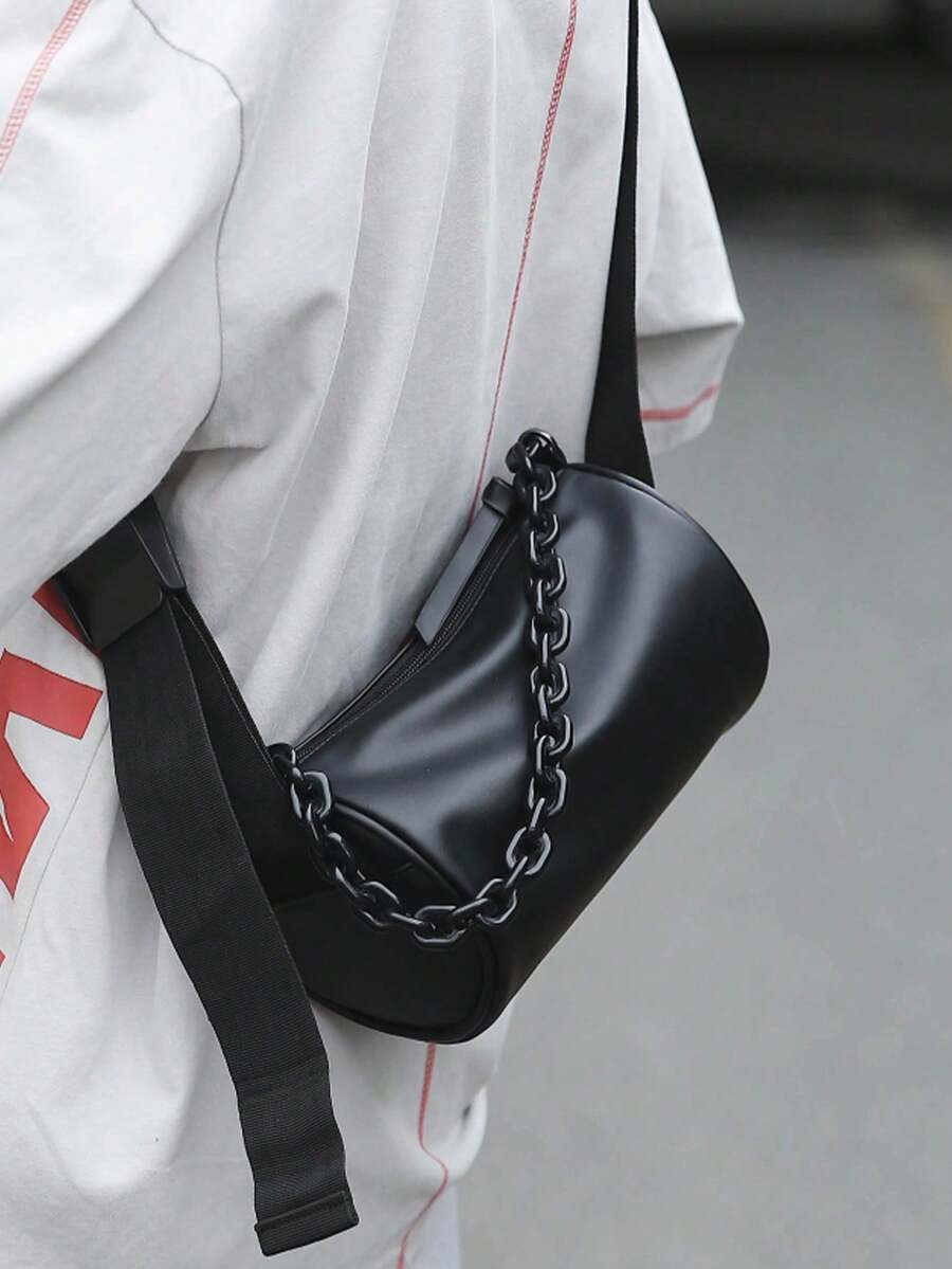 1pc Men's Fashion Small Shoulder Messenger Bag, Commuter Bag, Chain Cylindrical Bag, Multi-Functional Minimalist Small Bag, Waterproof Holiday Bag