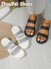 女士经典时尚个性化休闲优雅舒适百搭轻便坡跟编织凉鞋 - 黑色 - 查看 4