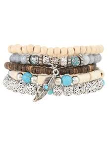 Boho Vintage Turquoise Beaded Bracelet Set, Handcrafted Denim Hat Leaf & Flower Charms, Unisex Fashion Jewelry For Daily Wear, Stone Wooden, Ideal For Valentine's, Carnival, Christmas Gifts - Random Style - 彩色 - 查看 5