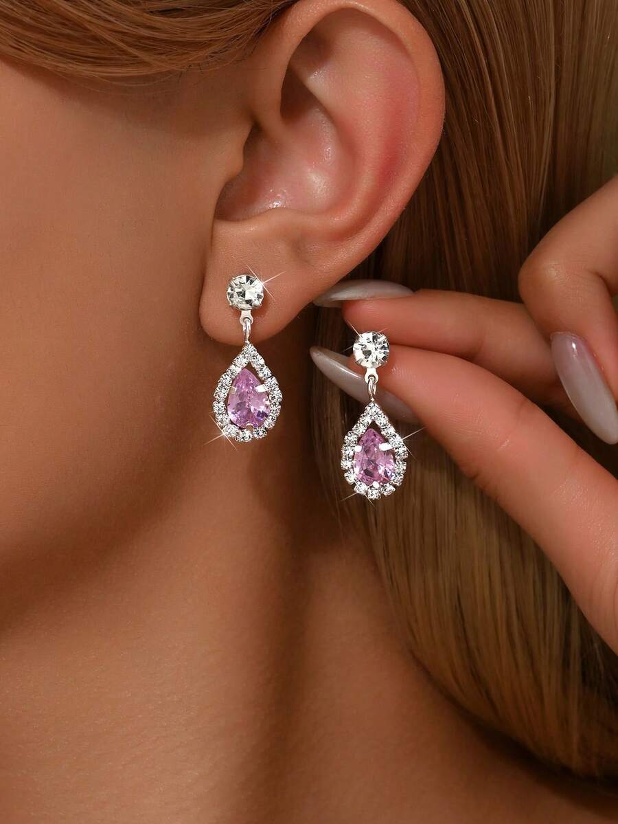 2pcs Sparkling CZ Diamond Dangle Earrings, Bridal Wedding Dress Accessories, Party/Evening Earrings - Pink - View 1