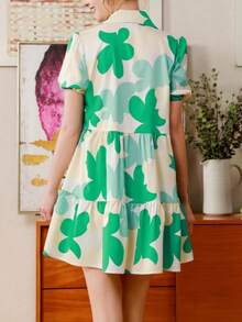 Cute Bohemian Style Allover Print Button Down Ruffle Hem Casual Top Elegant - Green - View 11