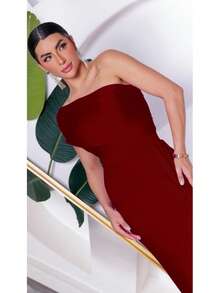 Long Women's Party And Event Dress, Elegant, Bridesmaids And Guests, Fluidity Knit With Lined Cups, One Shoulder, One-Sided, Zero Sleeves - 紅木色 - 查看 2