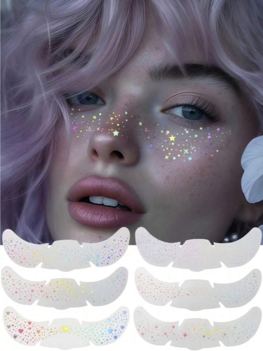 6片闪光雀斑心形临时纹身贴纸，防水临时纹身，带有闪亮的星星心形点状图案，适合成人，可用于派对、节日、日常化妆等。