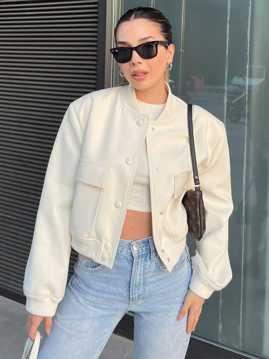 Chaqueta larga de manga larga con bolsillos y botones de unicolor retro para mujer, chaqueta bomber casual de otoño y primavera