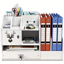 1 Pc Desk Organizer With Drawer And Pen Holder, File Paper Tray, Desktop Storage Organizer, Office Supplies Organizer,School Supplies,Back To School - White - View 5