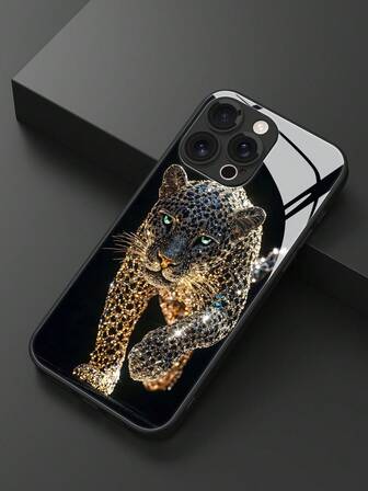 Vilda djur 1 st svart leopardmönster modernt personligt metallfärgat härdat glasmaterial med linsfilm, fallskyddande, repskyddande, fingeravtrycksskyddande TPU i helkant mjukt telefonskal kompatibelt med Apple 16/16 Plus/16 Pro/16 Pro Max vattentätt stötsäkert