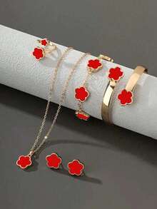 6pcs/Set Women's Same Color Lucky Flower Decoration Accessory Combination 1 Pair Of Earrings 1 Necklace 1 Bracelet 1 Bracelet 1 Ring Set Suitable For Daily Use